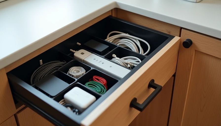 Organized kitchen charging station drawer with cables and device storage for family use