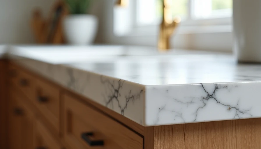 Close-up of quality 3cm quartz countertop with beveled edge and generous overhang