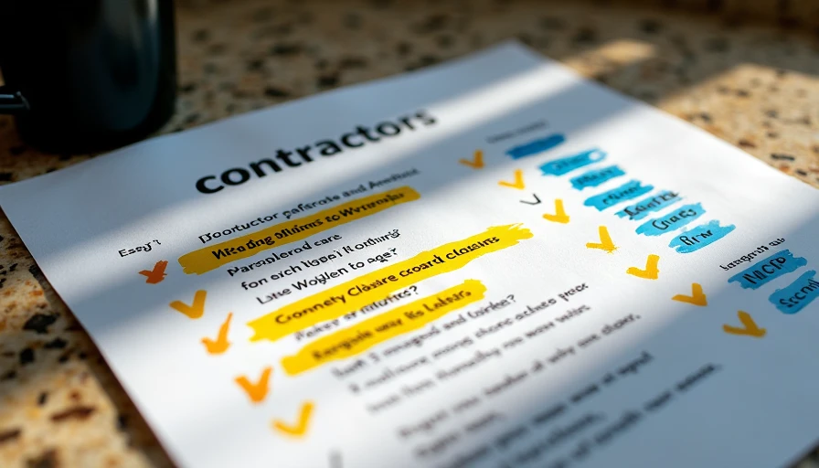 Annotated contractor contract with highlighted questions and notes on payment and warranty terms
