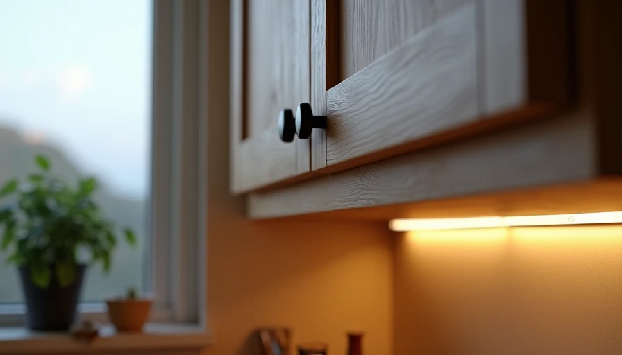 Kitchen cabinet with quality matte black hardware and warm under-cabinet lighting