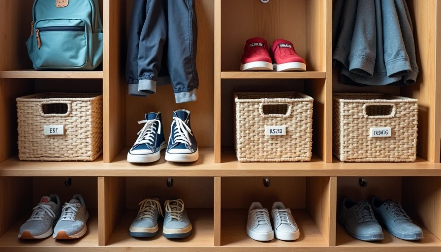 Mudroom cubbies and bench with labeled storage for kids backpacks and shoes