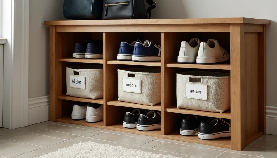 Entryway bench with labeled cubbies and storage baskets for family backpacks and shoes