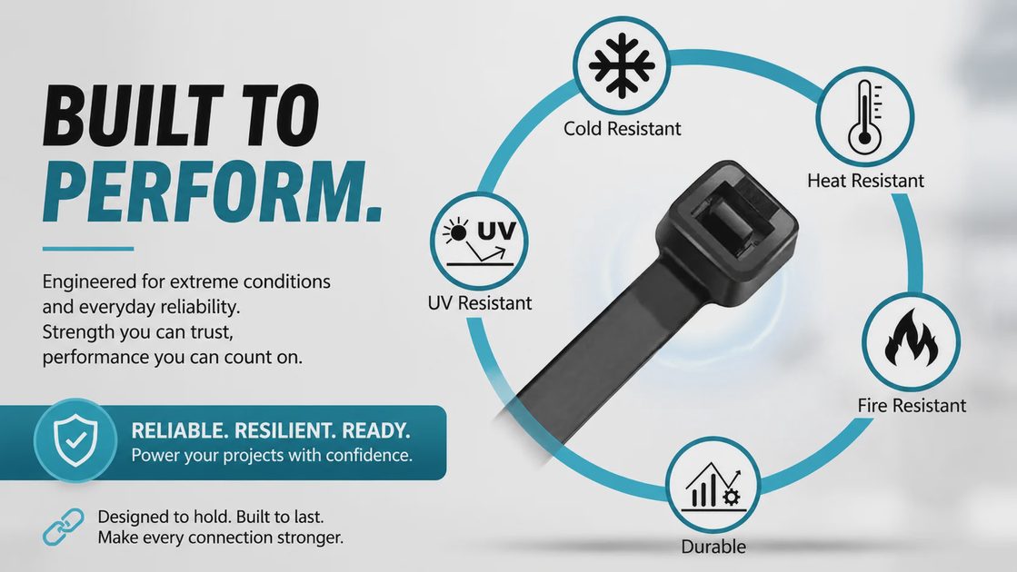 UV resistant and fire retardant nylon cable ties designed for extreme hot and cold weather performance.