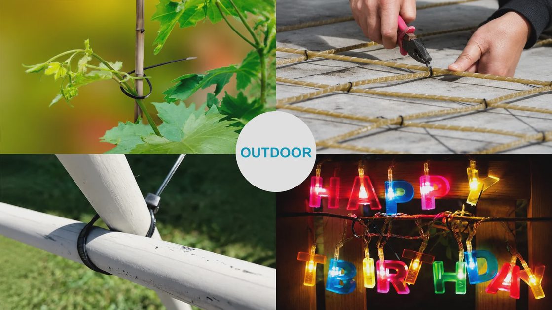 Heavy duty outdoor zip ties for garden plants support, construction rebar grid binding, and holiday lighting.