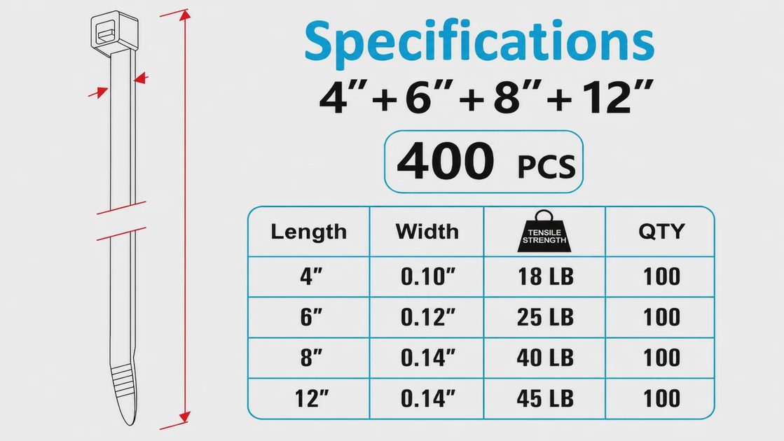 Assorted zip ties 400 piece set size chart detailing 4, 6, 8, and 12 inch lengths and tensile strength.