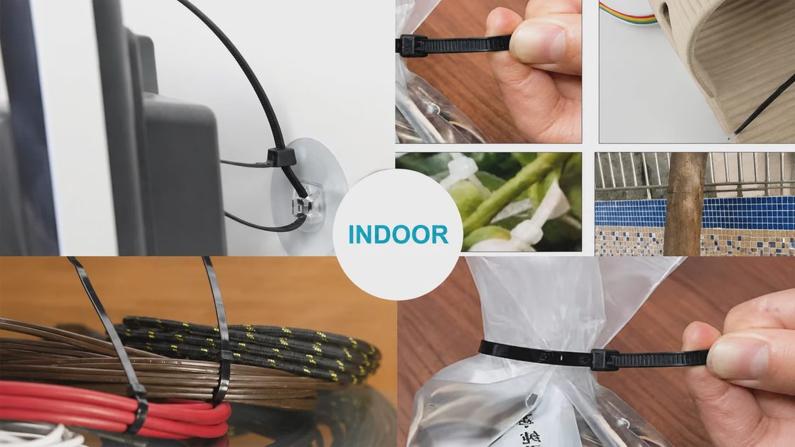 Black nylon cable ties for indoor wire management, cord organization, and sealing plastic bags.