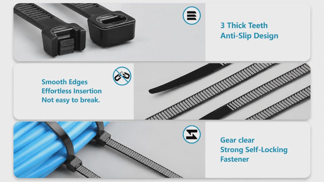 Self-locking heavy duty zip ties featuring a 3 thick teeth anti-slip lock and smooth edges design.