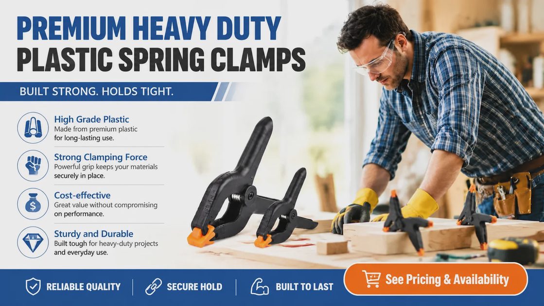 Premium heavy duty plastic spring clamps for professional woodworking and industrial DIY projects.
