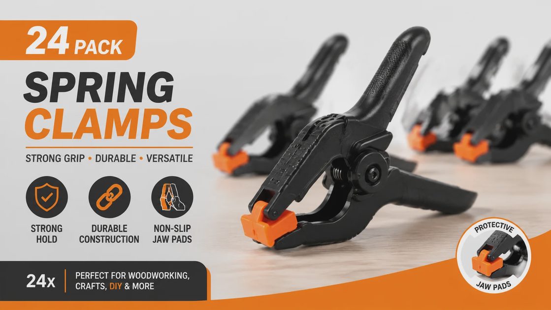 24 pack plastic spring clamps heavy duty woodworking clips with orange non-slip jaw pads.