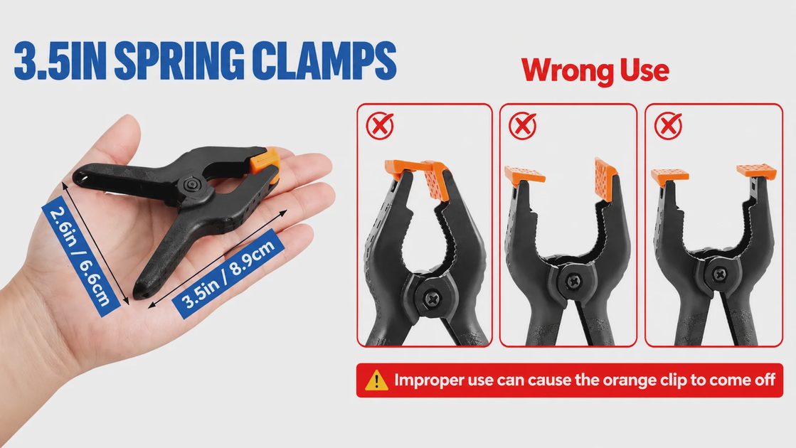 3.5 inch spring clamp dimensions showing 2.6 inch jaw opening width and warning guide for orange clips.