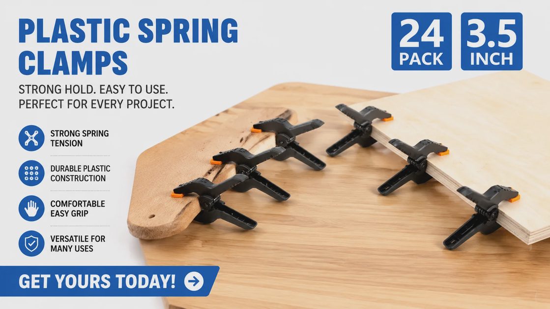 Plastic spring clamps 24 pack securing wooden boards together on a table with a Get Yours Today button.