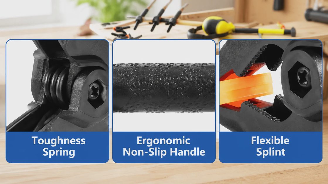 Heavy duty woodworking clamps details featuring toughness steel spring, non-slip handle, and flexible splint.